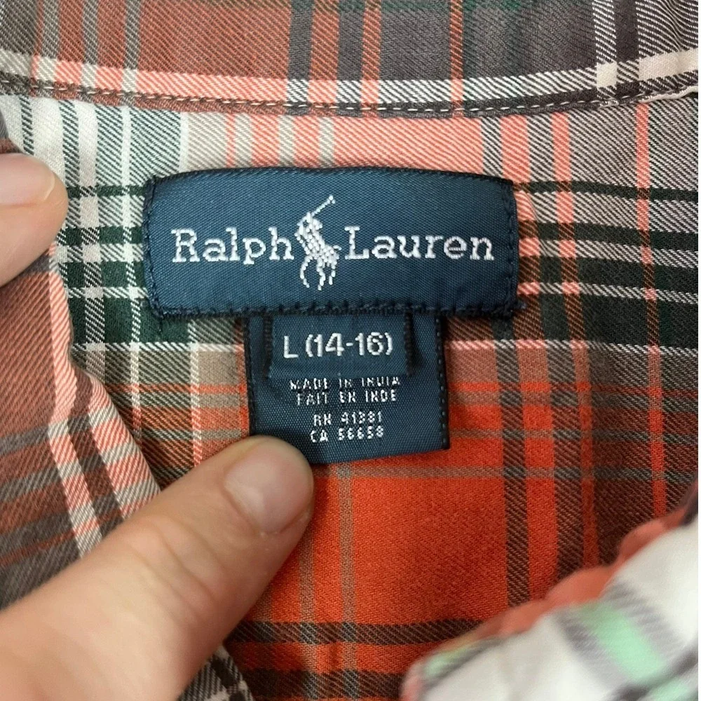 Ralph Lauren Button-Down Boys L 14-16 Plaid Orange Black White EUC